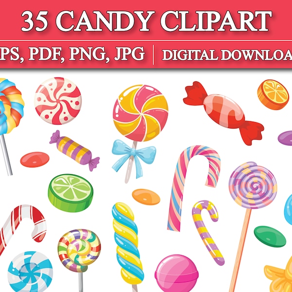 35 Candy Clipart Bundle, Lollipop Clipart, Candy PNG, Candy Vector, Rainbow Candy, Sweet Sugar Clipart,