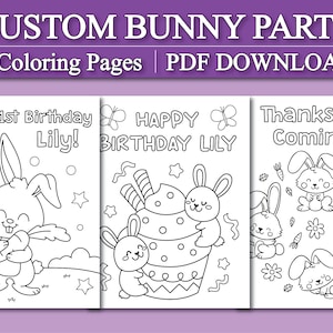 Personalized Bunny Coloring Pages for Kids, Custom Bunny Birthday Party Coloring, Kids Birthday Party Activity