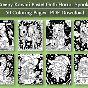 May include: A set of 50 black and white coloring pages featuring cute, spooky, and pastel goth characters. The pages are perfect for adults and kids who love to color.