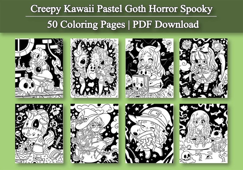 May include: A set of 50 black and white coloring pages featuring cute, spooky, and pastel goth characters. The pages are perfect for adults and kids who love to color.