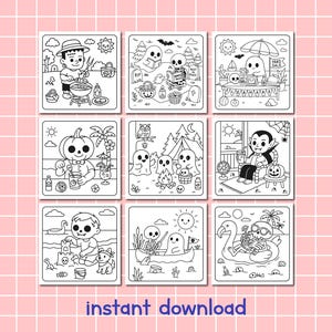 May include: Nine black and white Halloween-themed coloring pages. Each page features a different spooky scene, including skeletons, ghosts, and pumpkins. The phrase "instant download" is printed at the bottom.