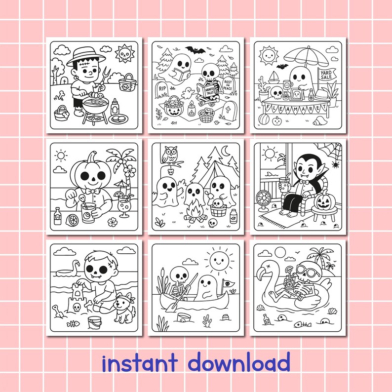 May include: Nine black and white Halloween-themed coloring pages. Each page features a different spooky scene, including skeletons, ghosts, and pumpkins. The phrase "instant download" is printed at the bottom.