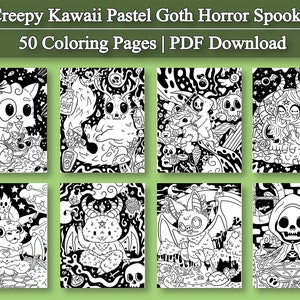May include: A set of 8 black and white coloring pages featuring cute, spooky, and pastel goth characters. The characters include a cat, a bat, a devil, a ghost, and a grim reaper. The pages are perfect for coloring and adding your own creative touch.