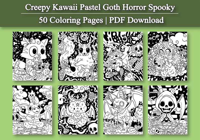 May include: A set of 8 black and white coloring pages featuring cute, spooky, and pastel goth characters. The characters include a cat, a bat, a devil, a ghost, and a grim reaper. The pages are perfect for coloring and adding your own creative touch.