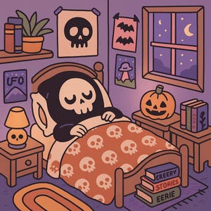May include: Illustration of a cartoon skeleton in bed, under a skull-patterned blanket. The room is decorated with Halloween-themed posters, a jack-o'-lantern, and books with titles like "Creepy Stories." A nightstand with a skull lamp is next to the bed.