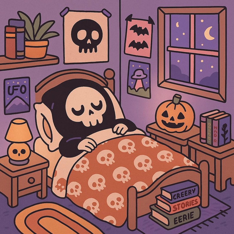 May include: Illustration of a cartoon skeleton in bed, under a skull-patterned blanket. The room is decorated with Halloween-themed posters, a jack-o'-lantern, and books with titles like "Creepy Stories." A nightstand with a skull lamp is next to the bed.