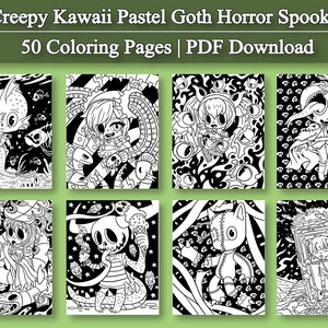 May include: A set of 8 black and white coloring pages featuring cute, spooky, and pastel goth characters. The characters include a mermaid, a girl with a skull, a monster, a cat, and a girl in a cage. The title of the set is "Creepy Kawaii Pastel Goth Horror Spooky 50 Coloring Pages | PDF Download".