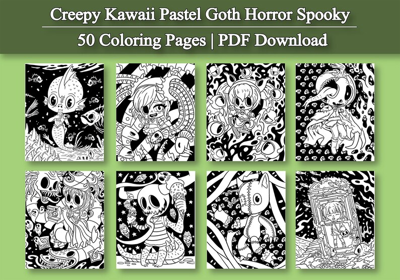 May include: A set of 8 black and white coloring pages featuring cute, spooky, and pastel goth characters. The characters include a mermaid, a girl with a skull, a monster, a cat, and a girl in a cage. The title of the set is "Creepy Kawaii Pastel Goth Horror Spooky 50 Coloring Pages | PDF Download".