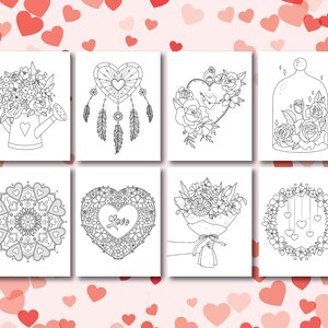 May include: Eight black and white printable colouring pages featuring various Valentine's Day themes, including hearts, flowers, and a dreamcatcher.