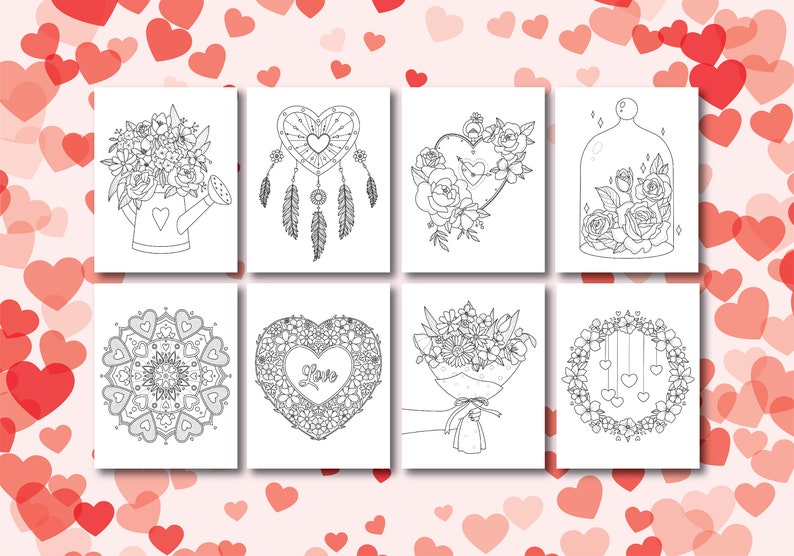 May include: Eight black and white printable colouring pages featuring various Valentine's Day themes, including hearts, flowers, and a dreamcatcher.