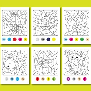 May include: Six colour-by-number colouring pages featuring a variety of illustrations, including an umbrella, a spaceship, a butterfly, a whale, a mushroom, and a cat. Each page includes a colour key with numbers and corresponding coloured circles.