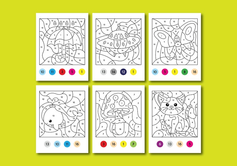 May include: Six colour-by-number colouring pages featuring a variety of illustrations, including an umbrella, a spaceship, a butterfly, a whale, a mushroom, and a cat. Each page includes a colour key with numbers and corresponding coloured circles.