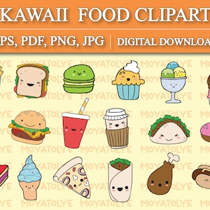 Clipart de comida kawaii, clipart de postre lindo, PNG de comida linda, pegatinas imprimibles de comida, 38 imágenes