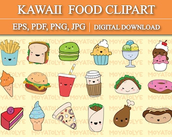 Kawaii mat clipart, söt dessert clipart, söt mat PNG, utskrivbara matklistermärken, 38 bilder