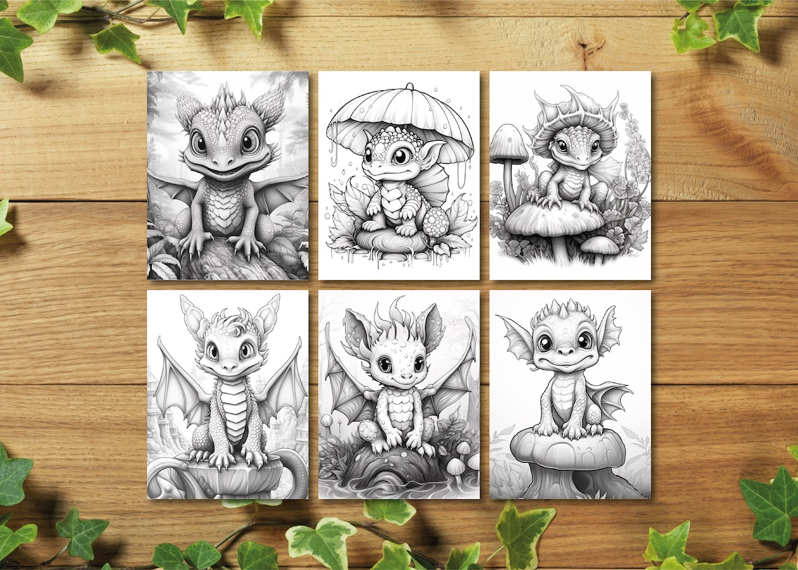 Baby Dragon Coloring Page, Dragon Fantasy Coloring Book, Grayscale