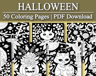 Adult Coloring Book: Midnight Halloween Coloring Pages for Adults and Kids | 50 Digital Coloring Pages (Printable, PDF Download)