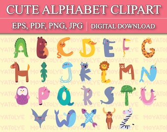 Cute Animal Alphabet Clipart, Cute Alphabet PNG, Alphabet EPS, Alphabet Vector, Alphabet Printable Stickers, 26 Image