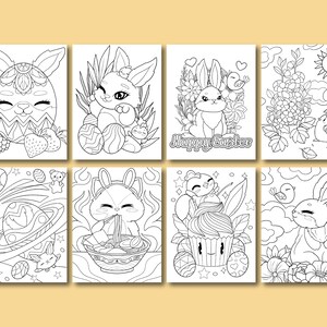 May include: A set of eight black and white coloring pages featuring cute bunny rabbits in various Easter-themed scenes. The scenes include a bunny holding an Easter egg, a bunny eating ramen, a bunny in a cupcake, and a bunny with a bird.