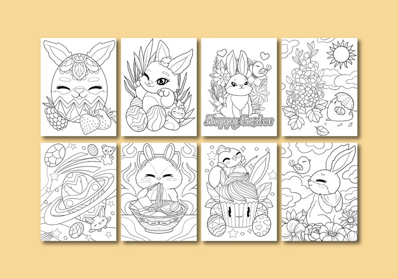 May include: A set of eight black and white coloring pages featuring cute bunny rabbits in various Easter-themed scenes. The scenes include a bunny holding an Easter egg, a bunny eating ramen, a bunny in a cupcake, and a bunny with a bird.
