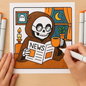 May include: A person coloring a Halloween-themed illustration with markers. The illustration depicts a skeleton in a hooded robe reading a newspaper with the headline "NEWS" while drinking from a mug. The scene includes a candle, a ghost picture, and a night scene.