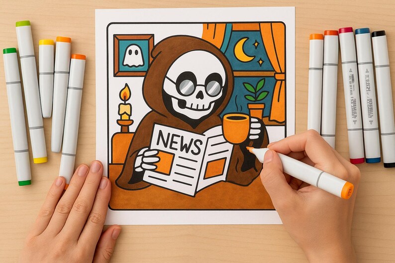 May include: A person coloring a Halloween-themed illustration with markers. The illustration depicts a skeleton in a hooded robe reading a newspaper with the headline "NEWS" while drinking from a mug. The scene includes a candle, a ghost picture, and a night scene.