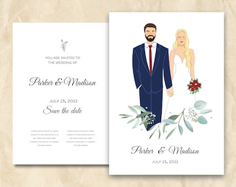 Hochzeitseinladung Illustration, Personalisiertes Hochzeitsportrait, Brautpaar Portrait, Druckbare Hochzeitseinladung