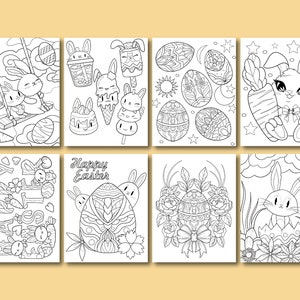 May include: A set of eight black and white coloring pages featuring Easter bunnies, eggs, and other Easter-themed imagery. The pages are designed for adults and children to color.