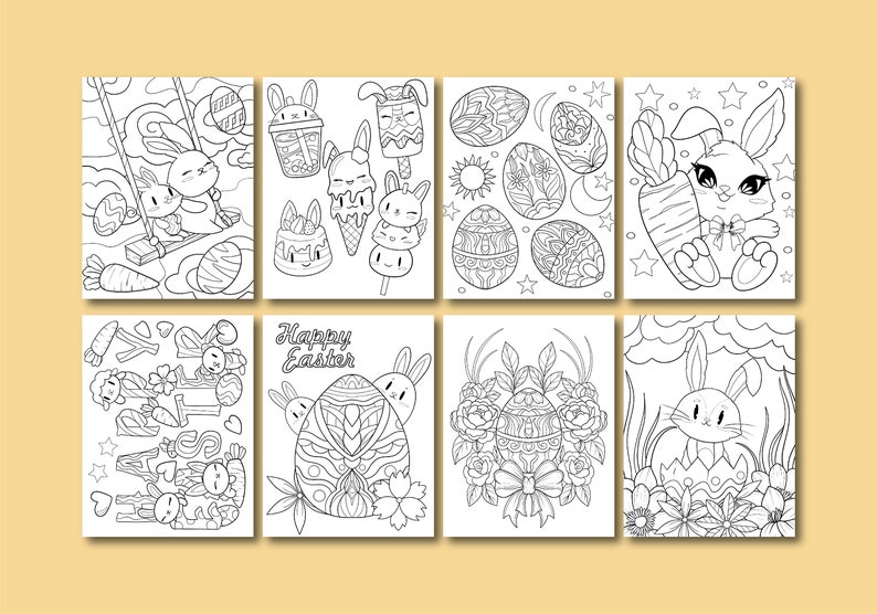 May include: A set of eight black and white coloring pages featuring Easter bunnies, eggs, and other Easter-themed imagery. The pages are designed for adults and children to color.