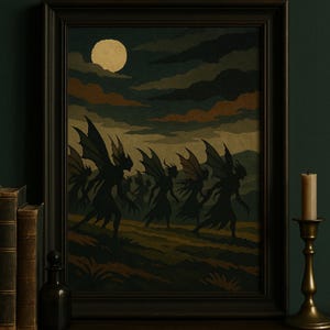 May include: Framed artwork depicting a night scene with silhouetted figures with wings walking across a field. A large, pale yellow moon hangs in the sky above dark clouds. The artwork is in a dark wooden frame.