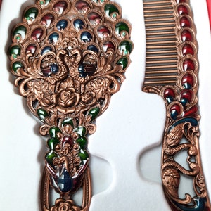 Miroir de maquillage, petit style vintage portable, ensemble miroir et peigne faits main, motif paon, sac à main sculpté à la main, sac à main et miroir de poche 2 Bronze Peacock
