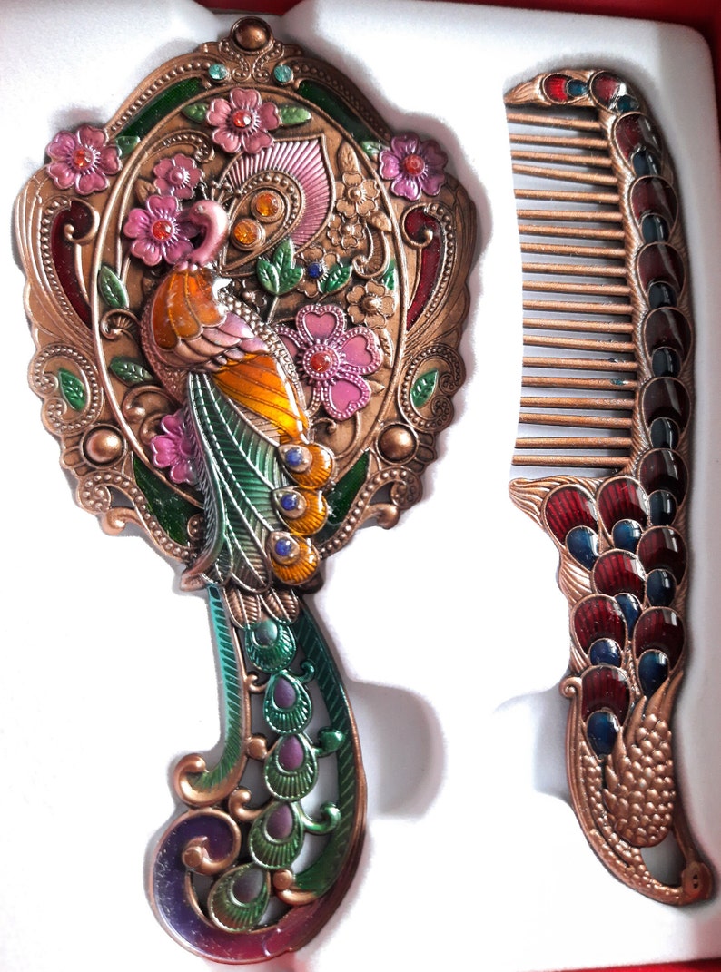 Miroir de maquillage, petit style vintage portable, ensemble miroir et peigne faits main, motif paon, sac à main sculpté à la main, sac à main et miroir de poche Brown Cyan Peacock
