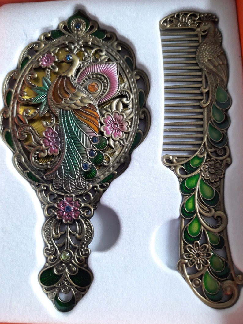 Miroir de maquillage, petit style vintage portable, ensemble miroir et peigne faits main, motif paon, sac à main sculpté à la main, sac à main et miroir de poche Brown Bronze Peacock