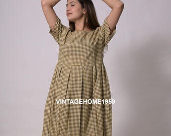Grün Gingham Frauen Baumwolle Langes Kleid Handloom Sommer Boho Plus Size Tunikas Loses Kleid