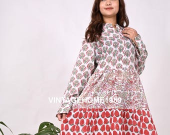 Robe longue en coton imprimé blocs de main : tunique d'été hippie à plusieurs niveaux