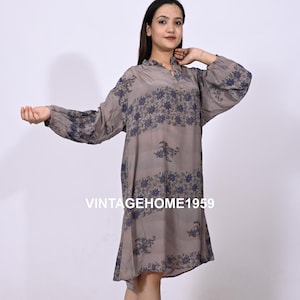 Camisa vintage de seda crepe feminina, vestido boho sexy, hippie, casual, camisa de noite, vestido túnica, blusa longa reciclada, saritop