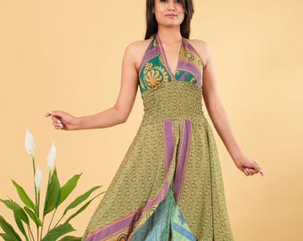 Vintage Silk Halter Dress: Backless Party Tunic, Free Size
