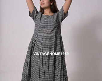 Schwarz Vichykaro Frauen Baumwoll Kleid Loose Fit Boho Modische Designer Tunikas Hippie Sommer Kleid