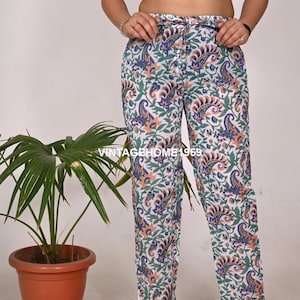 Floral Print Women Cotton Hand Block Printed Pajamas Hippie Drawstring Free Size Trousers Pants
