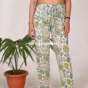 Floral Print Women Cotton Casual Trousers Hippie Hand Block Printed Summer Drawstring Pants