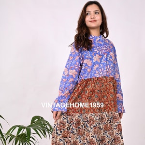 Maxikleid aus Baumwolle mit Handblockdruck: Hippie Gestufte Sommer Tunika