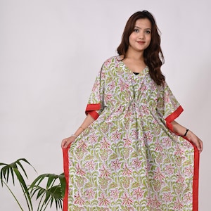 Abito caftano in cotone stampato a mano: Boho Hippie Abaya taglie forti