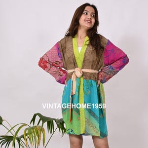 Vintage Silk Sari Kimono Robe: Patchwork Hippie Sleepwear, Plus Size