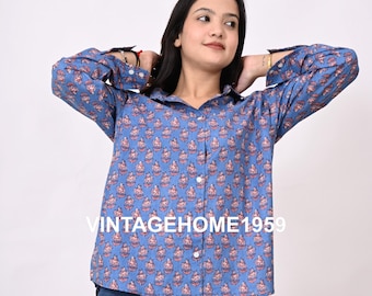 Oversized katoenen oversized shirt met handgeblokte bloemenprint: boho blouse met knoopsluiting