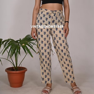 Hand Block Printed Women Cotton Floral Print Pants Comfortable Trousers Hippie Drawstring Pants