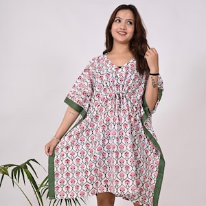 Floral Cotton Kaftan Dress: Hand Block Print Boho Beach Cover-Up