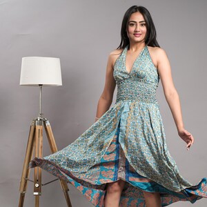 Vintage Silk Floral Halter Dress: Bohemian Hippie Tunic, Free Size