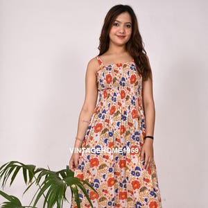 Hand Block Printed Women Cotton Summer Dress Ankle Length Casual Tunics Sexy Long Strap Dress Gift For Her
