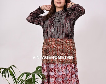 Robe longue en coton imprimé blocs de main : tunique hippie indienne à plusieurs niveaux