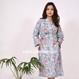 Floral Cotton Kimono Robe: Hand Block Print Sleepwear