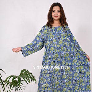 Floral Block Print Cotton Maxi Dress: Boho Hippie Summer Tunic